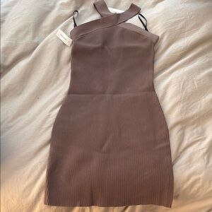Babaton Brown Sleeveless Halter Mini Dress